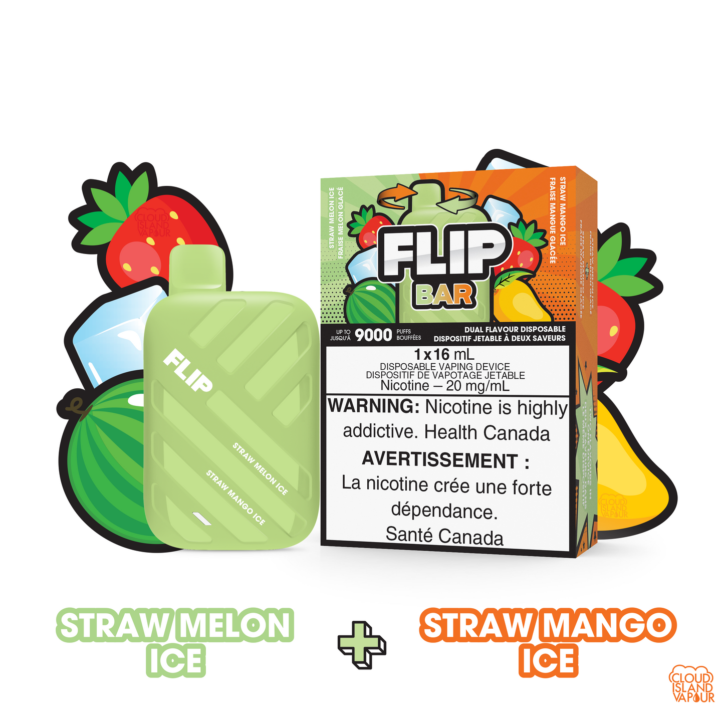 FLIPBAR 9000 2-in-1 Dual Flavour Disposable Vape flavour Straw Melon Ice plus Straw Mango Ice
