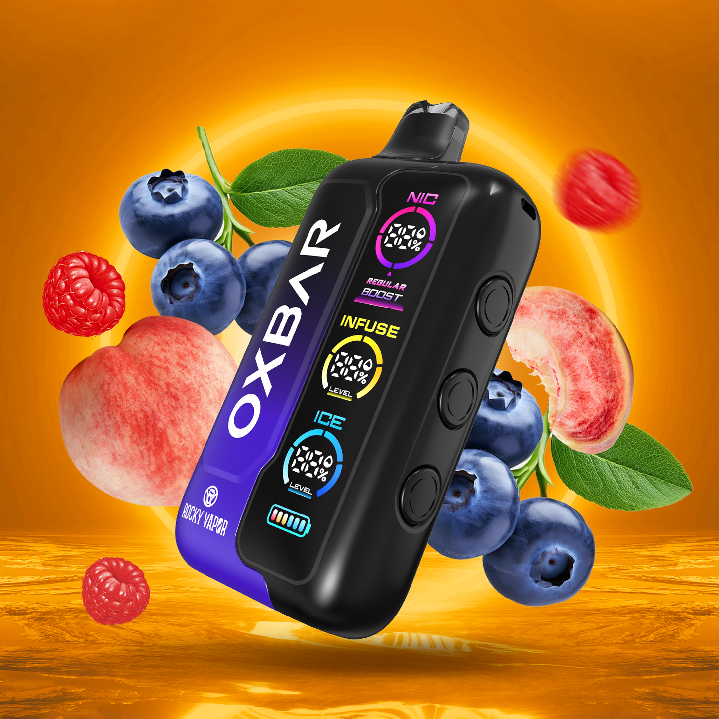 Peach Blueberry Raspberry ROCKY VAPOR OXBAR TRI FUSION Disposable Vape