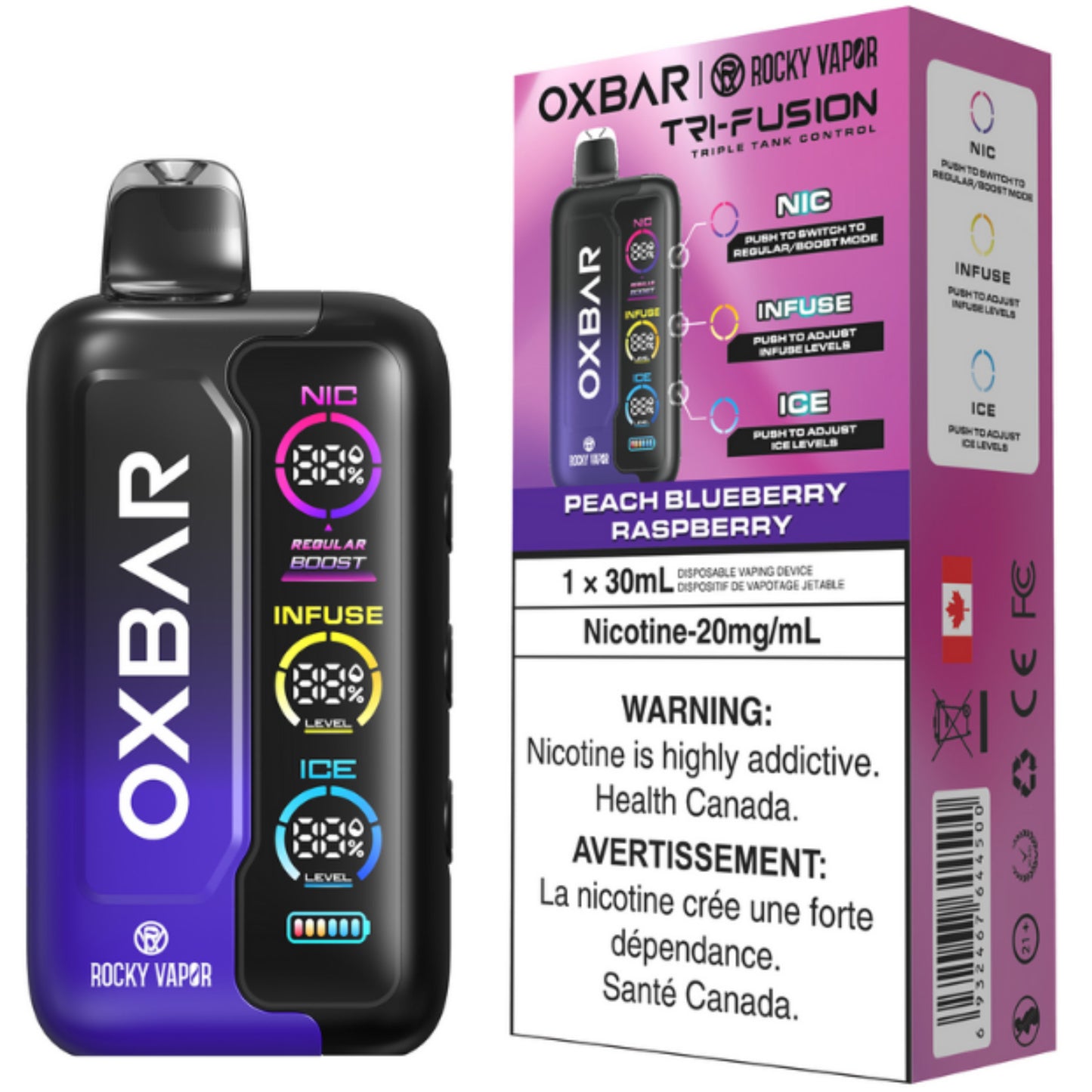 Peach Blueberry Raspberry ROCKY VAPOR OXBAR TRI FUSION