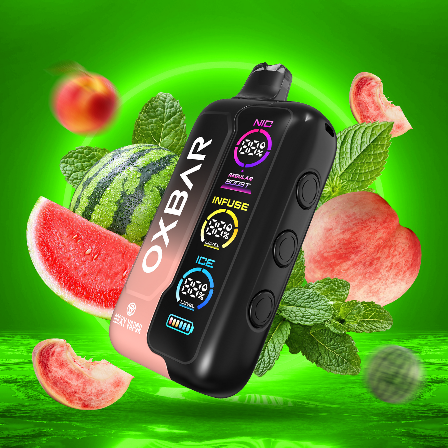 Peach Watermelon Ice ROCKY VAPOR OXBAR TRI FUSION Disposable Vape
