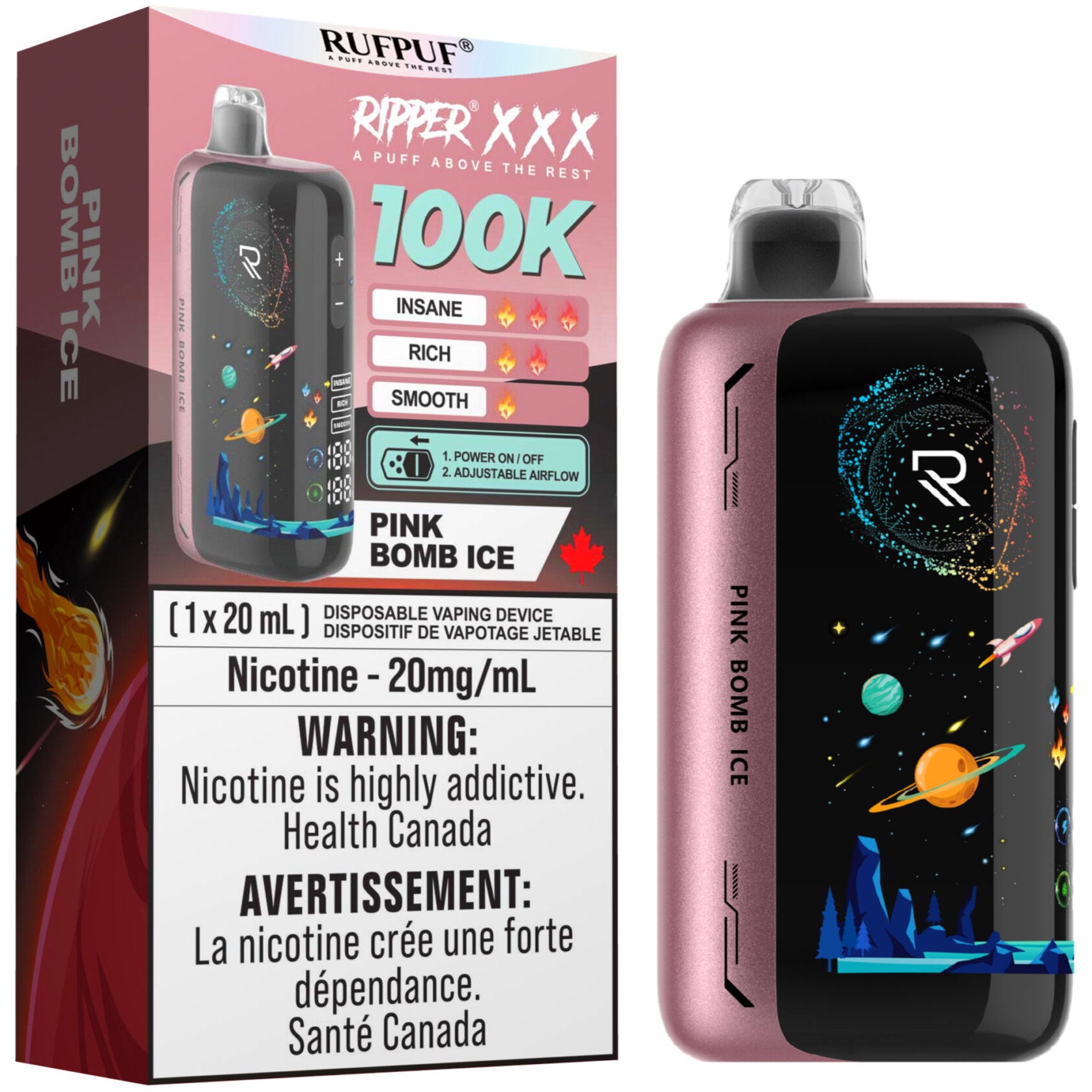 RUFPUF RIPPER XXX 100K Disposable Vape - Pink Bomb Ice  Cloud Island Vapour