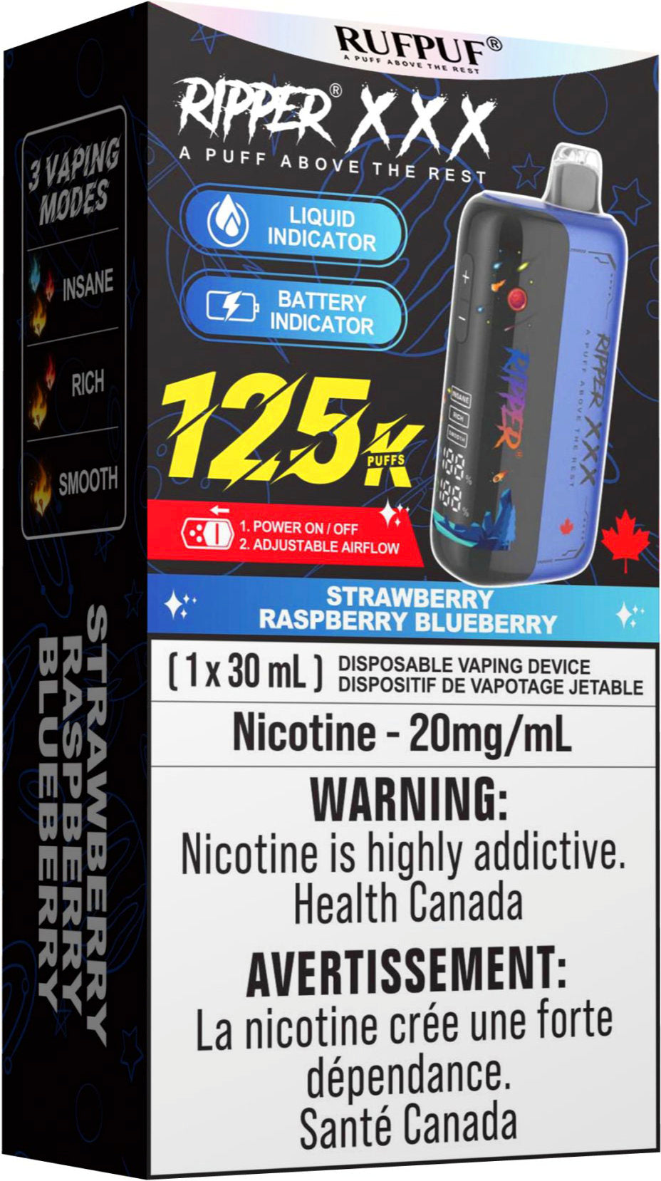 RUFPUF RIPPER XXX 125K Disposable Vape Strawberry Raspberry Blueberry