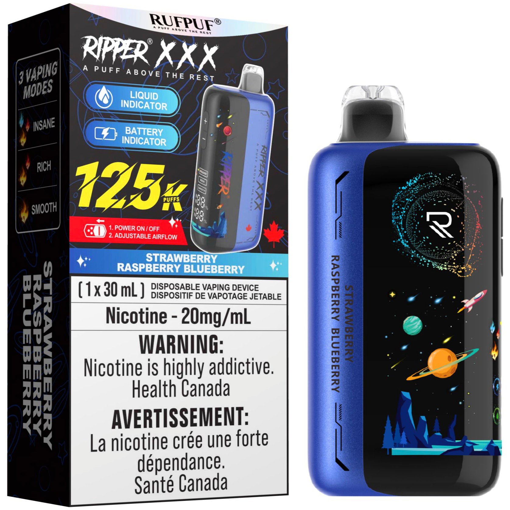 RUFPUF RIPPER XXX 125K Disposable Vape - Strawberry Raspberry Blueberr   Cloud Island Vapour