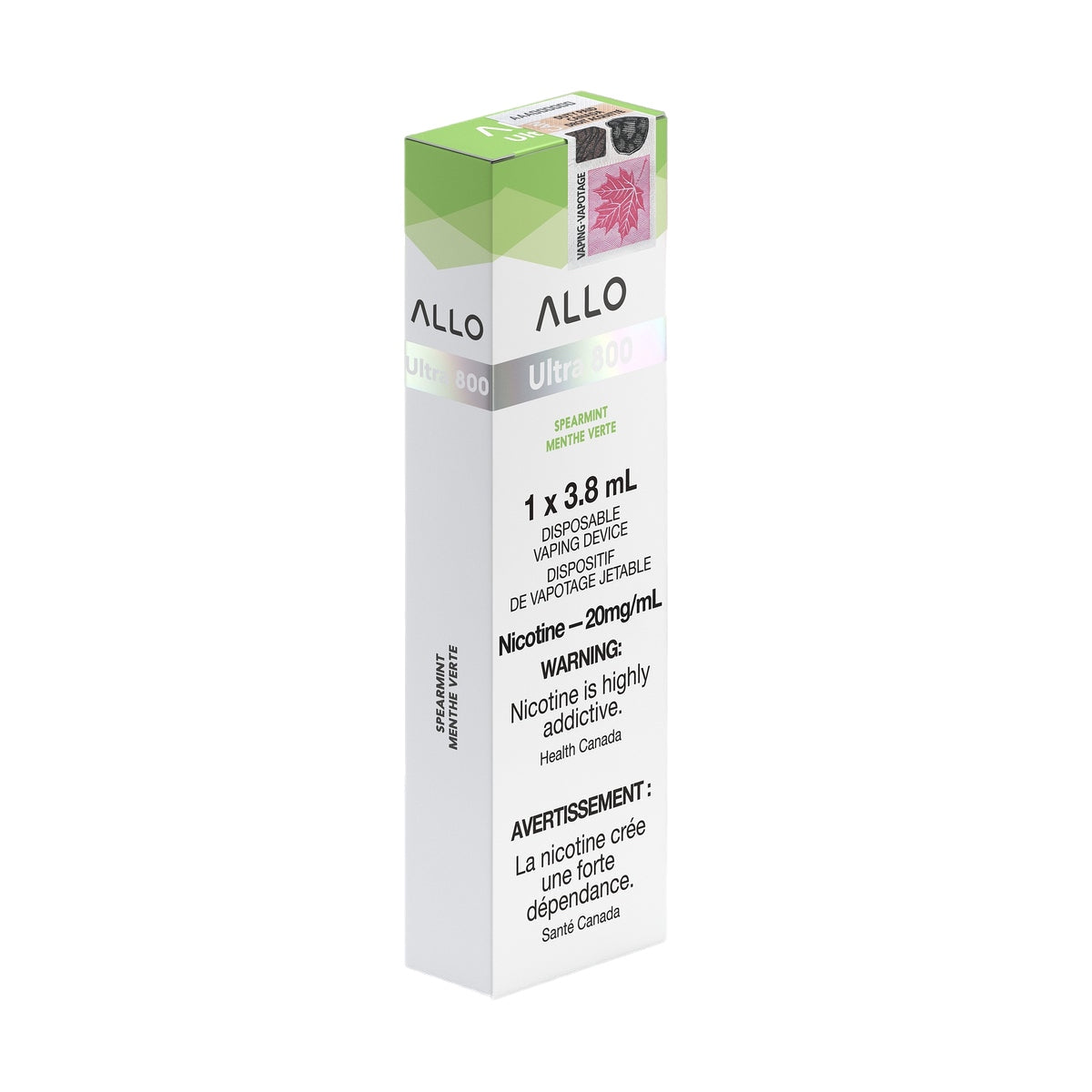 Allo ultra 800 puff disposable vape packaging 20mg nicotine flavour Spearmint