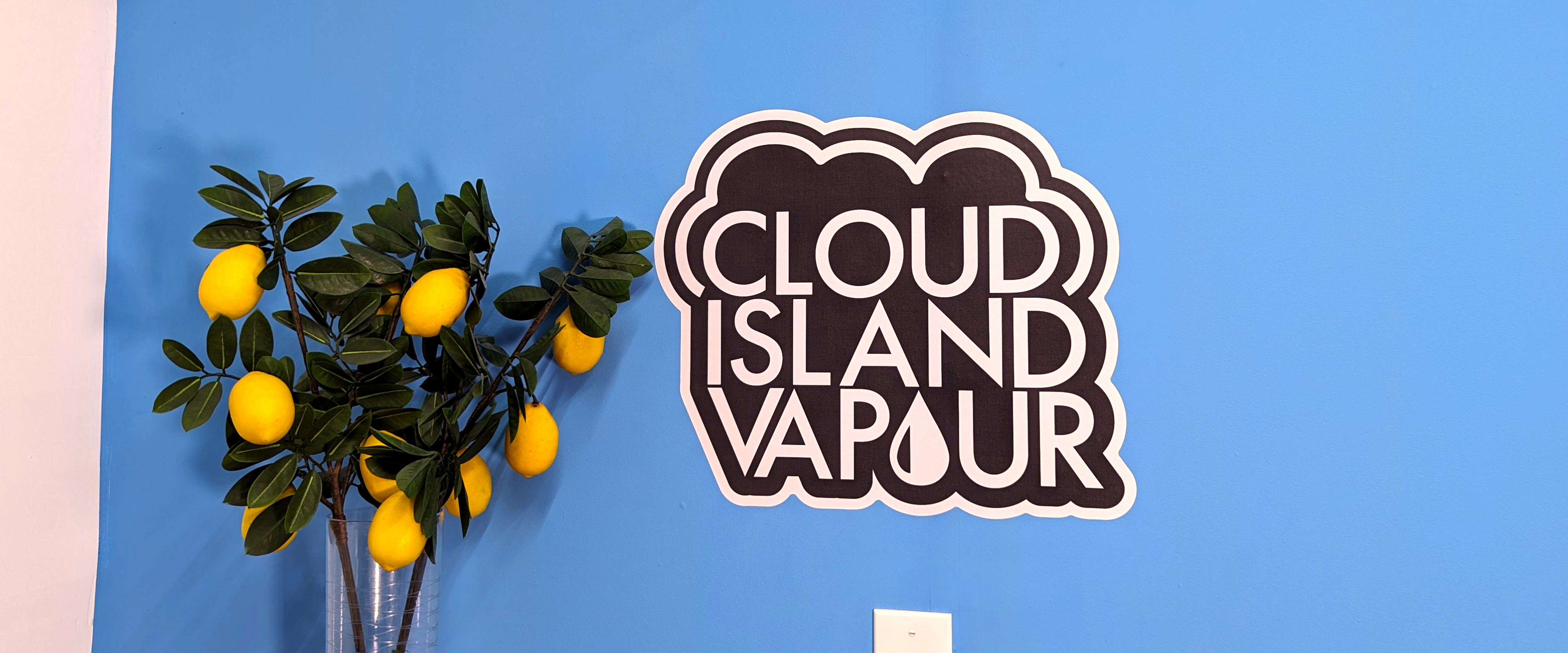 Cloud Island Vapour logo on a painted blue wall