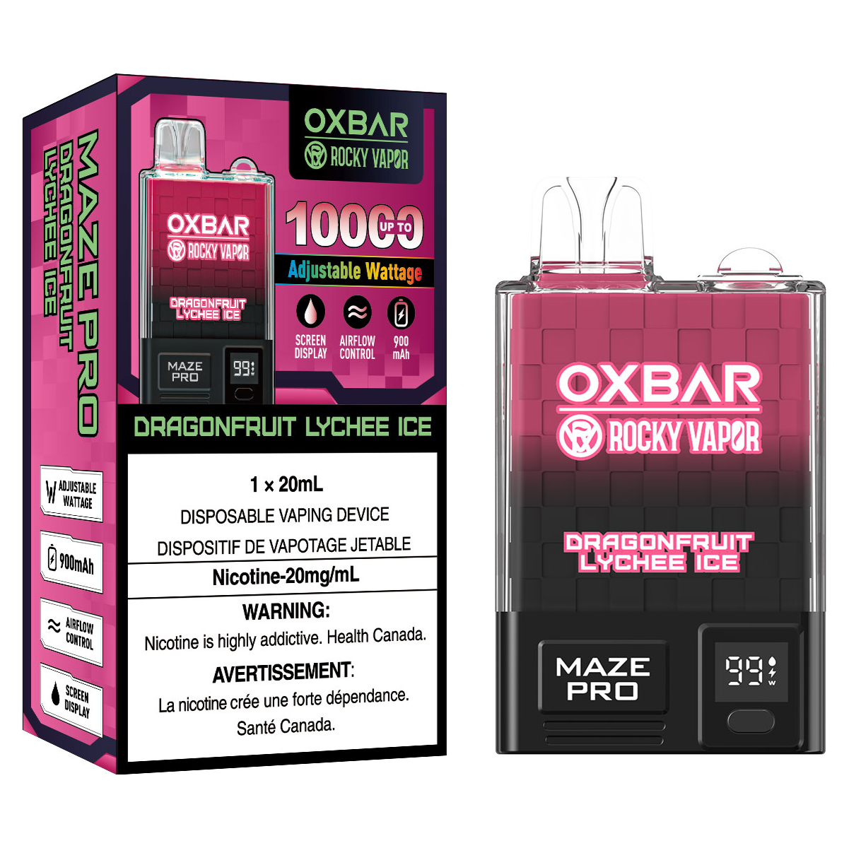 Dragonfruit Lychee Ice Rocky Vapor OXBAR Maze Pro 10K Puffs Disposable Vape