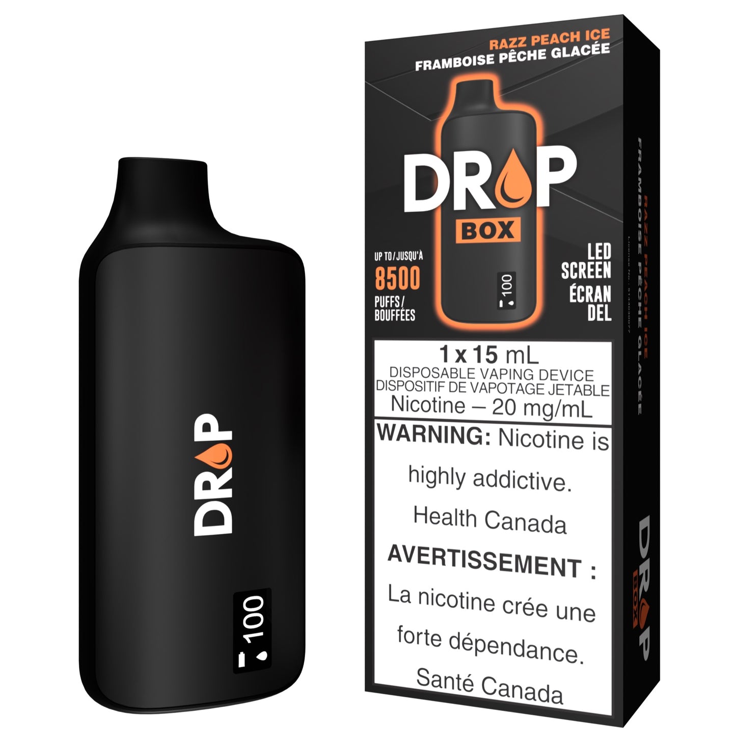 DROP BOX 8500 Disposable Vape in the flavour Razz Peach Ice