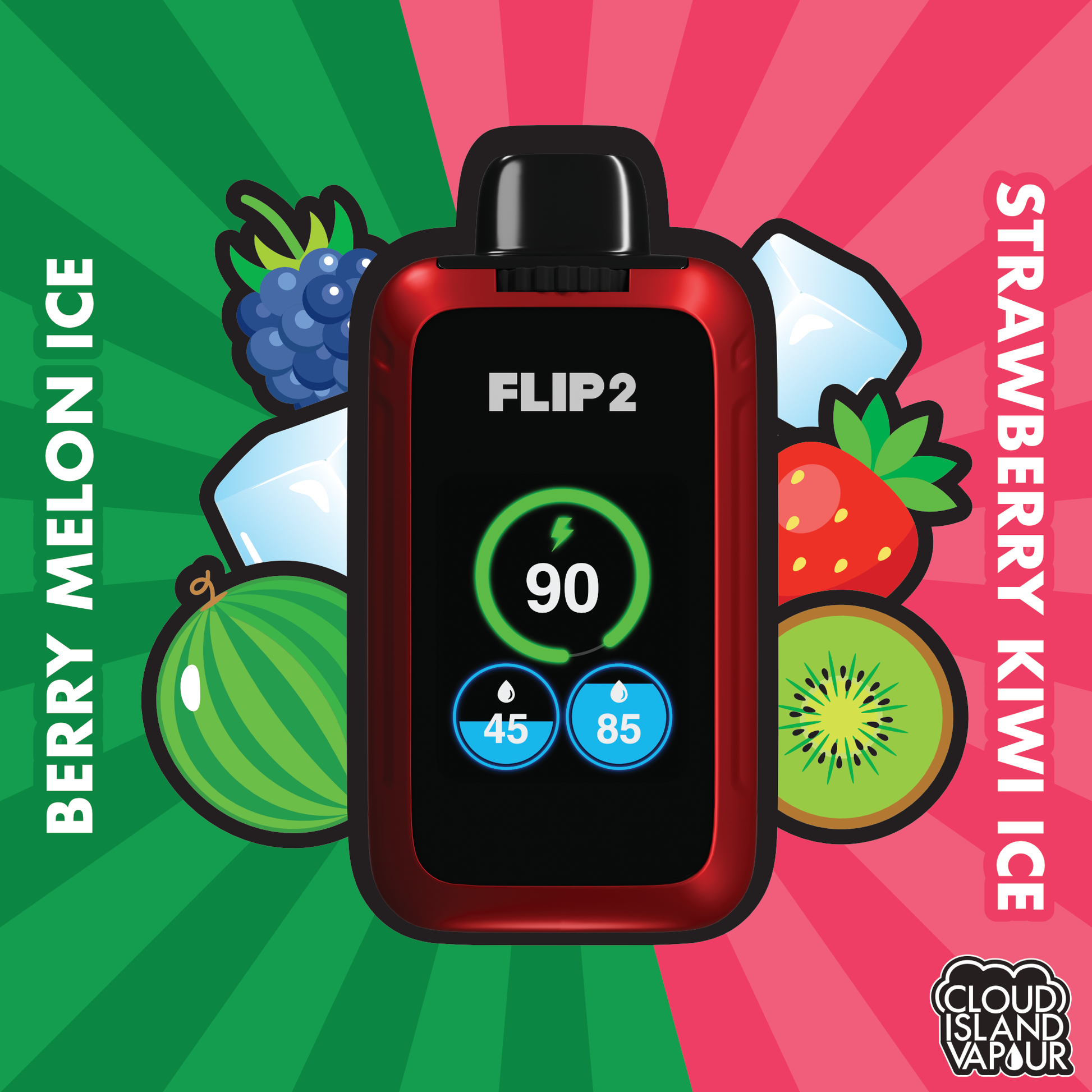 Flip 2 Disposable Vape - Berry Melon Ice And Strawberry Kiwi Ice Cloud Island Vapour Flip 2 Disposable Vape - Berry Melon Ice And Strawberry Kiwi Ice Cloud Island Vapour