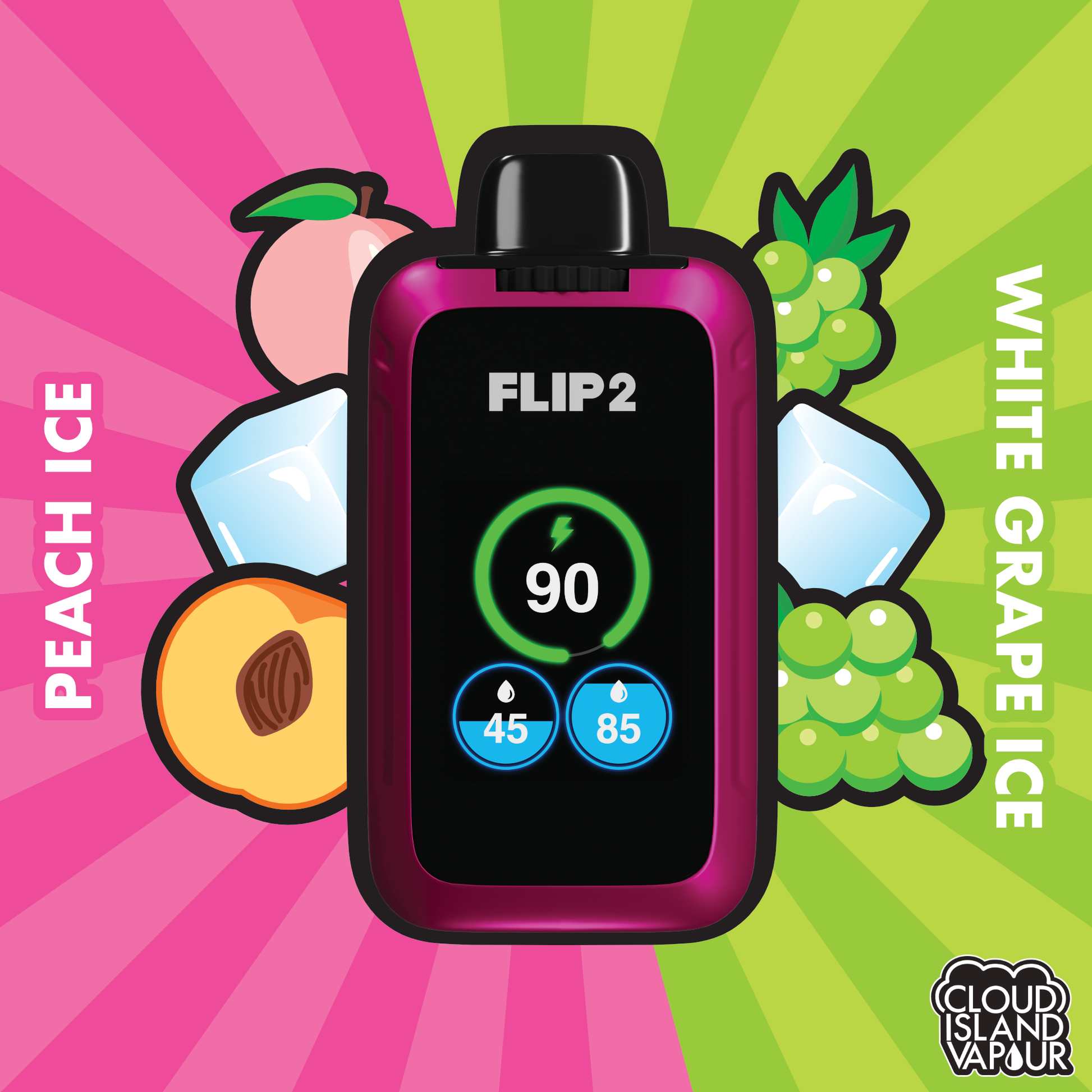 Flip 2 Disposable Vape - Peach Ice And White Grape Ice Cloud Island Vapour Flip 2 Disposable Vape - Peach Ice And White Grape Ice Cloud Island Vapour