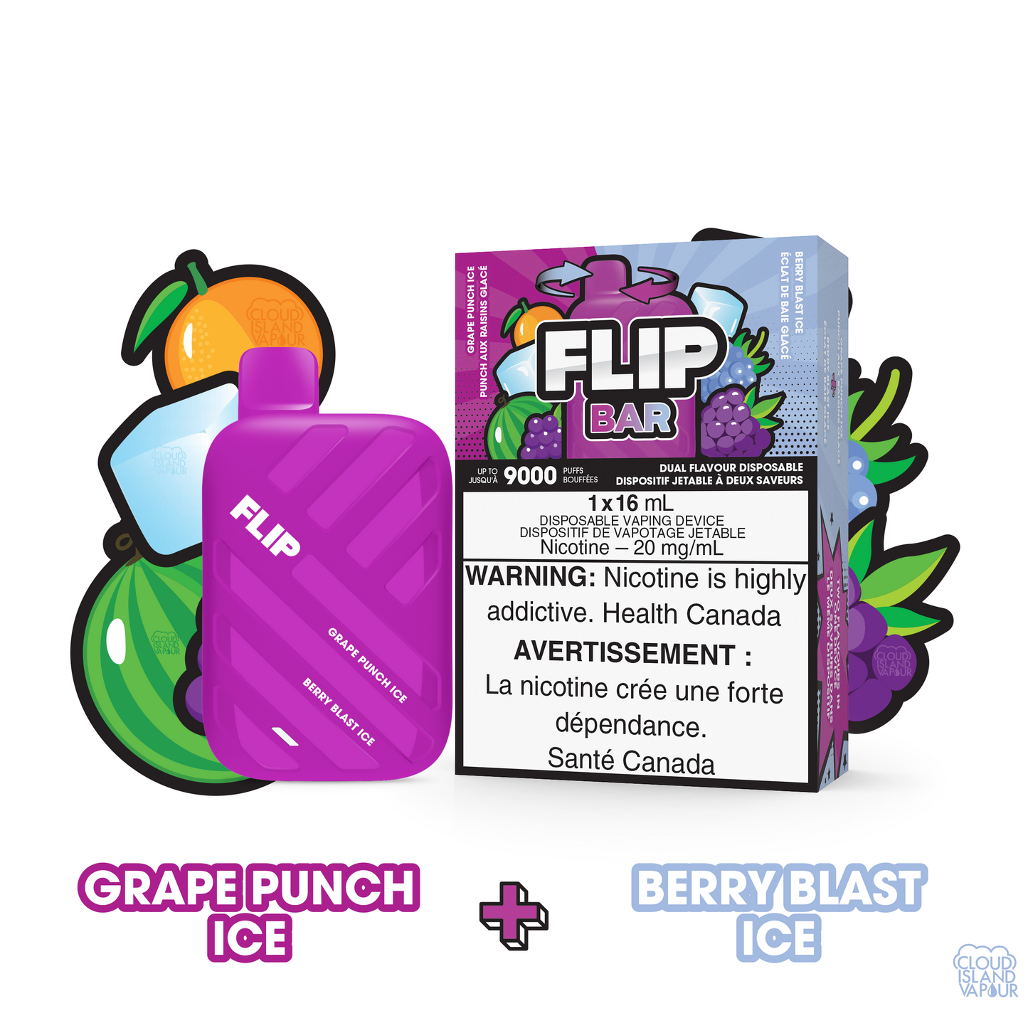 FLIPBAR 9000 2-in-1 Dual Flavour Disposable Vape flavour Grape Punch Ice plus Berry Blast Ice