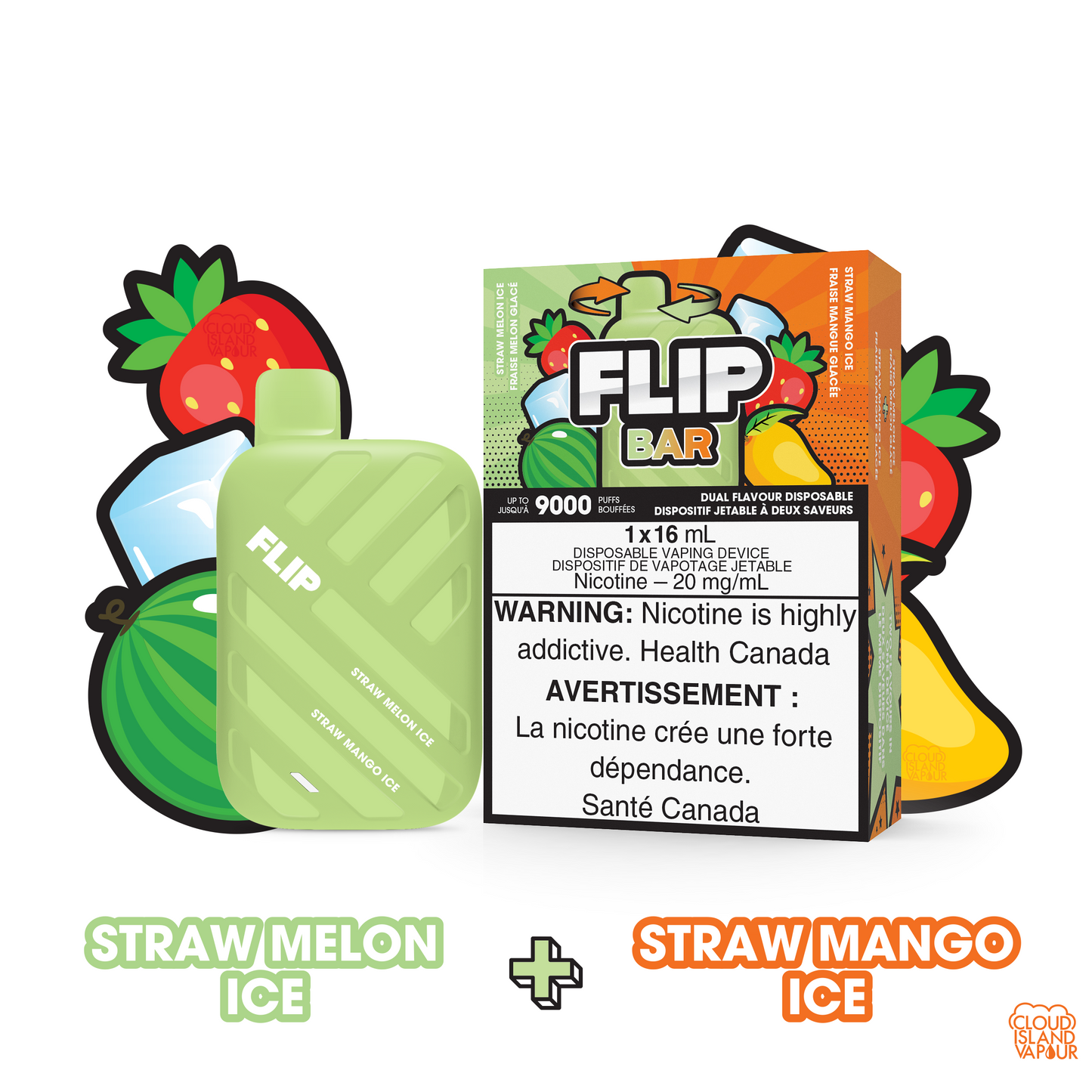 FLIPBAR 9000 2-in-1 Dual Flavour Disposable Vape flavour Straw Melon Ice plus Straw Mango Ice 