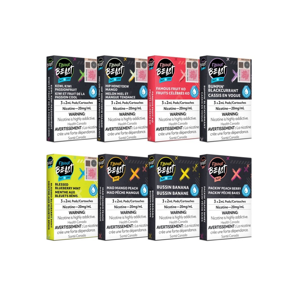 Flavour Beast Prefilled vape e-liquid Pods packages in 8 flavours