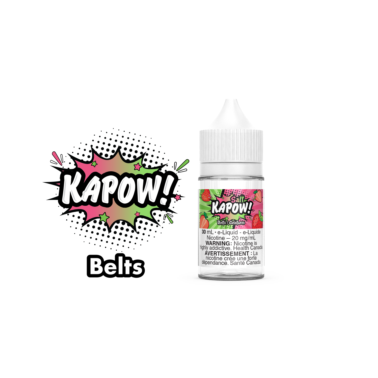 Kapow Salt Nic E-Liquid 30ml bottle in the flavour Belts. Kapow vape juice, e-juice Canada