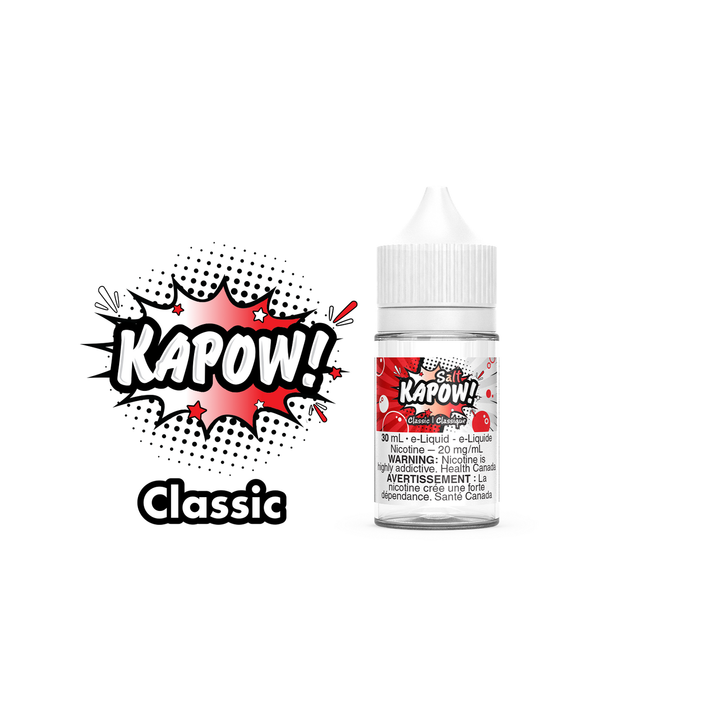 Kapow Salt Nic E-Liquid 30ml bottle in the flavour Classic. Kapow vape juice, e-juice Canada