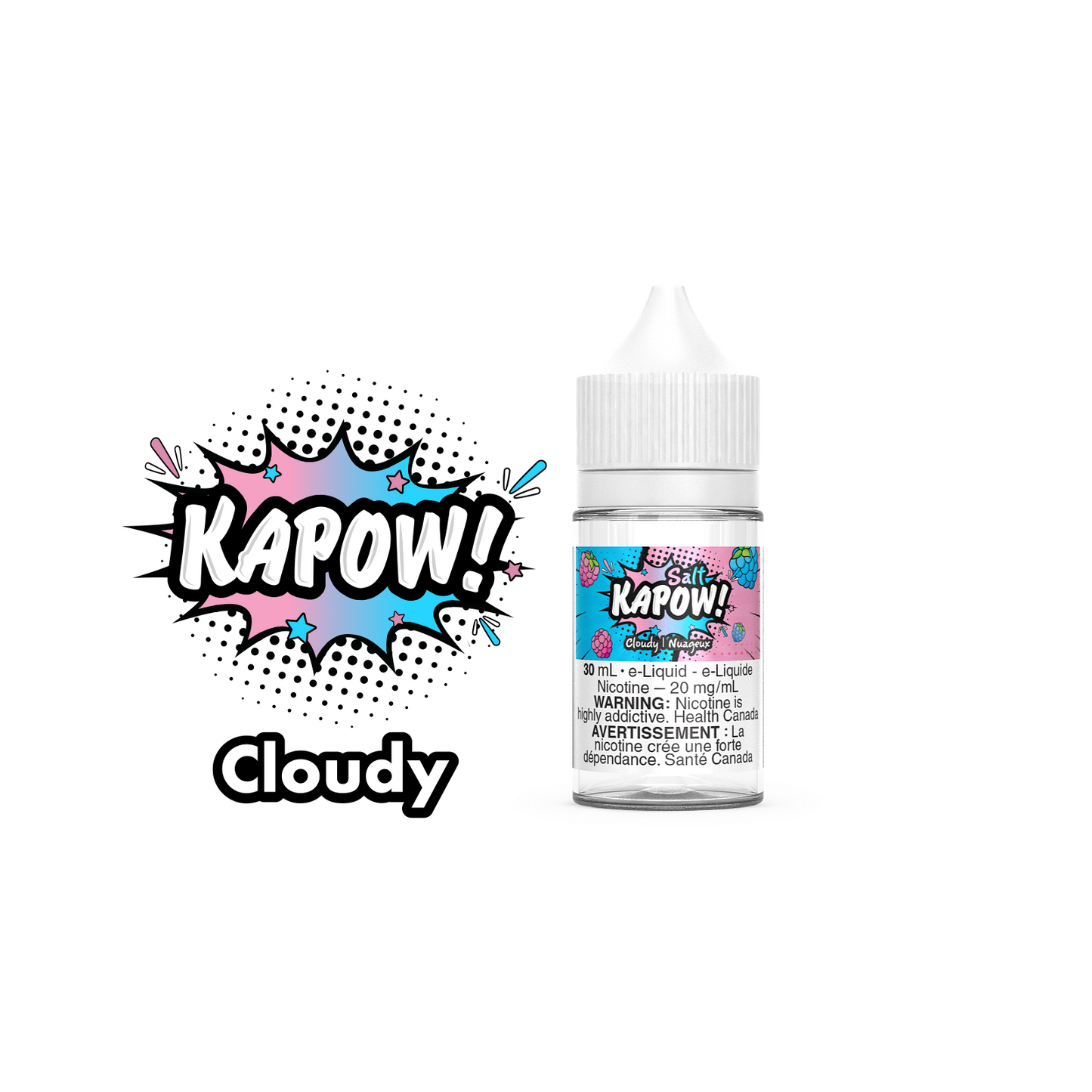 Kapow Salt Nic E-Liquid 30ml bottle in the flavour Cloudy. Kapow vape juice, e-juice Canada