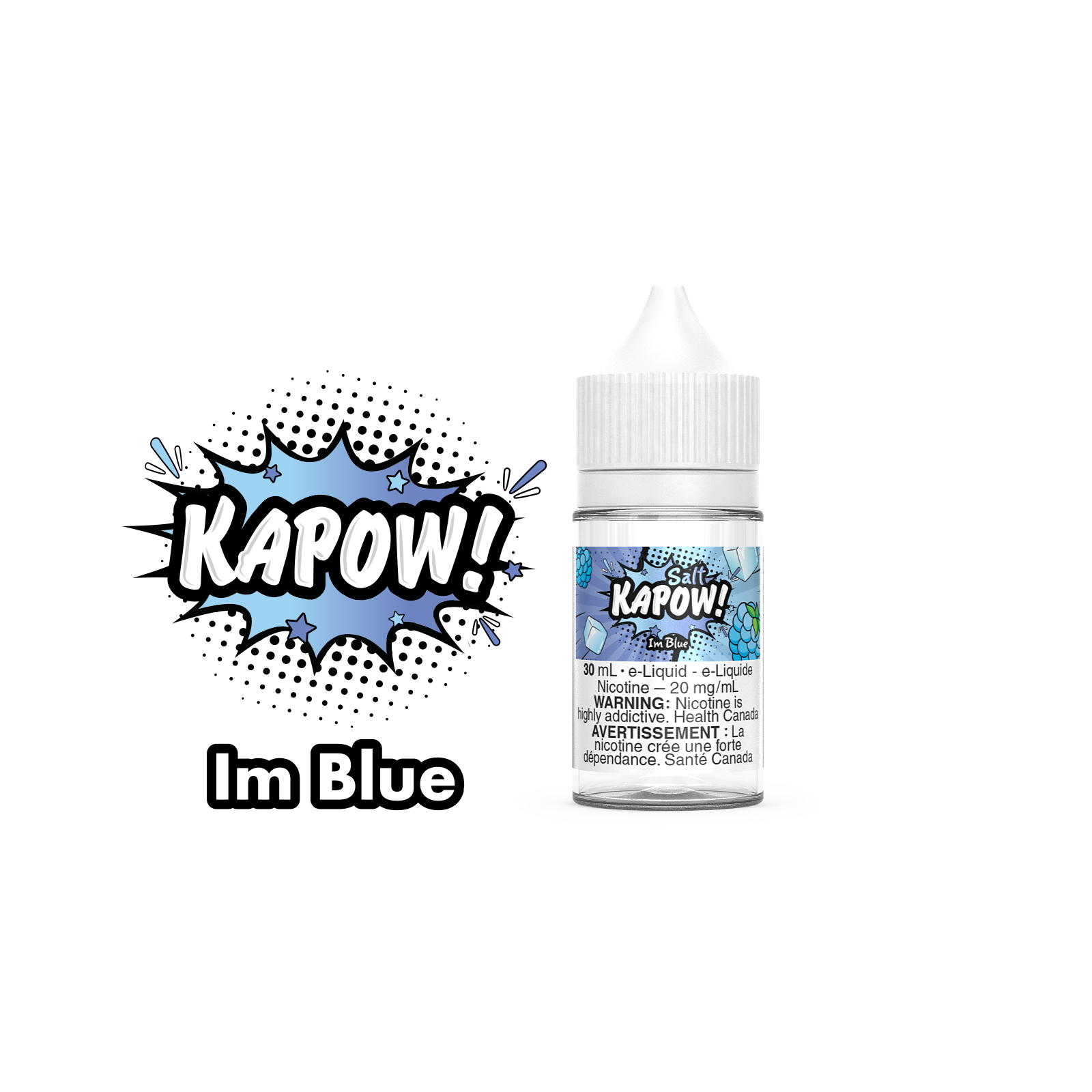 Kapow Salt Nic E-Liquid 30ml bottle in the flavour Im Blue. Kapow vape juice, e-juice Canada