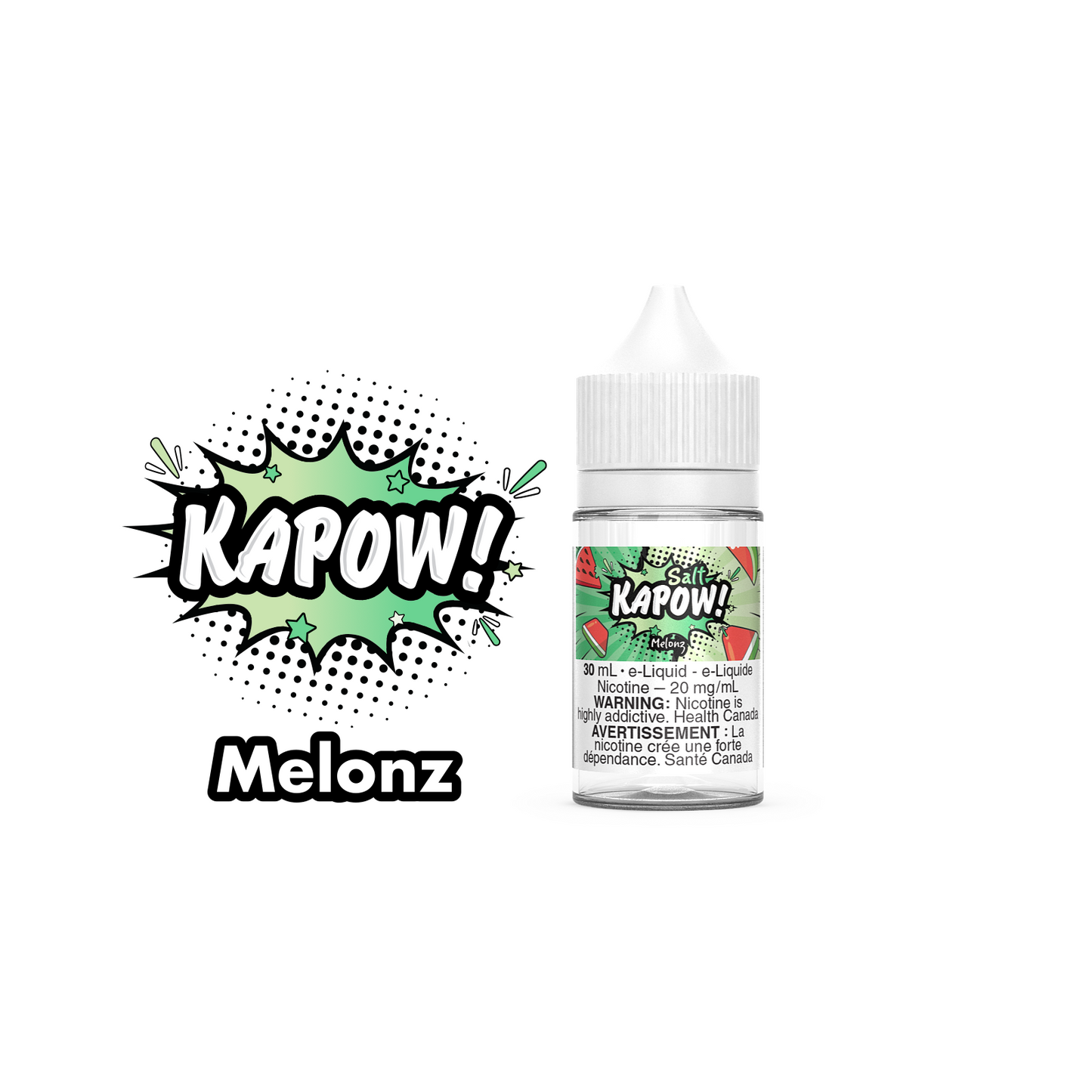 Kapow Salt Nic E-Liquid 30ml bottle in the flavour Melonz. Kapow vape juice, e-juice Canada