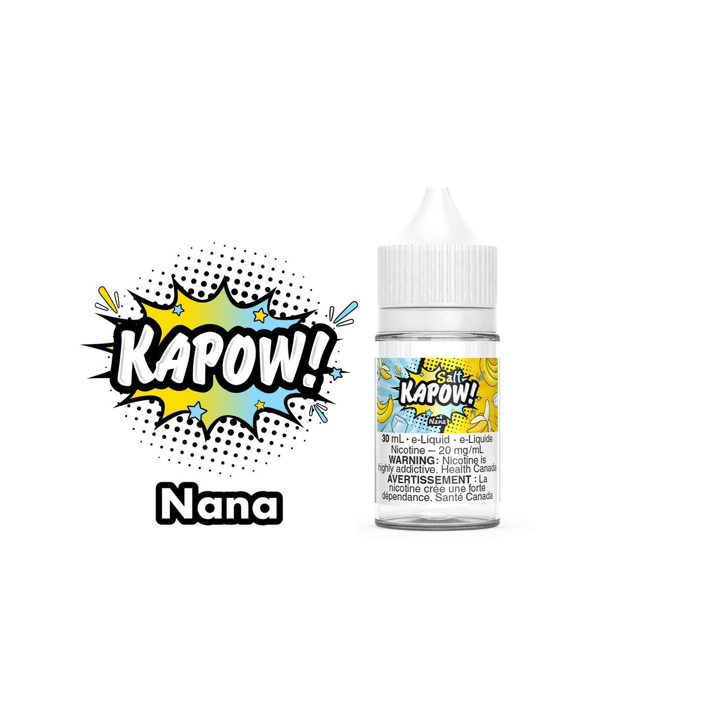 Kapow Salt Nic E-Liquid 30ml bottle in the flavour Nana. Kapow vape juice, e-juice Canada