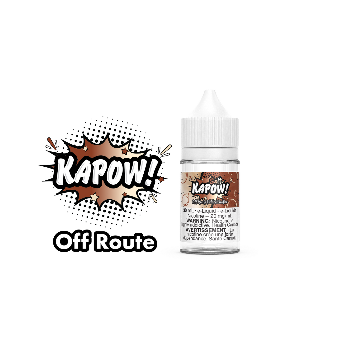 Kapow Salt Nic E-Liquid 30ml bottle in the flavour Off Route. Kapow vape juice, e-juice Canada