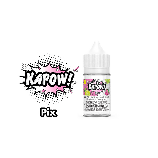 Kapow Salt Nic E-Liquid 30ml bottle in the flavour Pix. Kapow vape juice, e-juice Canada