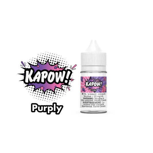 Kapow Salt Nic E-Liquid 30ml bottle in the flavour Purply. Kapow vape juice, e-juice Canada