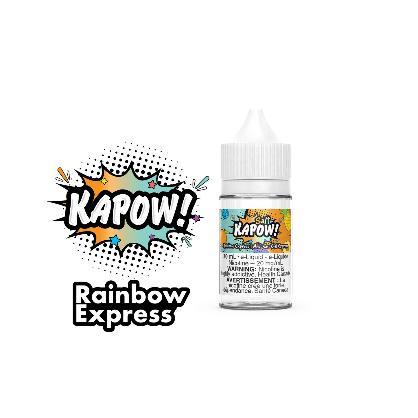 Kapow Salt Nic E-Liquid 30ml bottle in the flavour Rainbow Express. Kapow vape juice, e-juice Canada