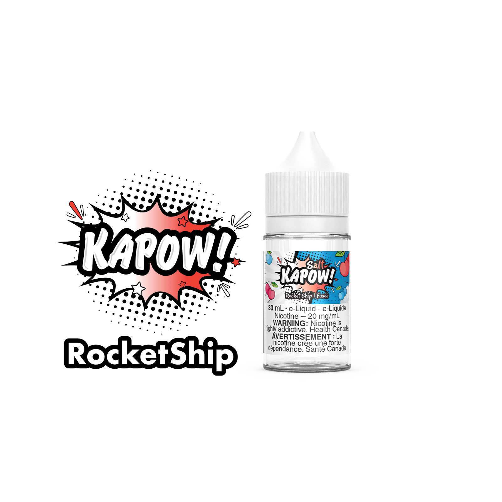 Kapow Salt Nic E-Liquid 30ml bottle in the flavour Rocket Ship. Kapow vape juice, e-juice Canada