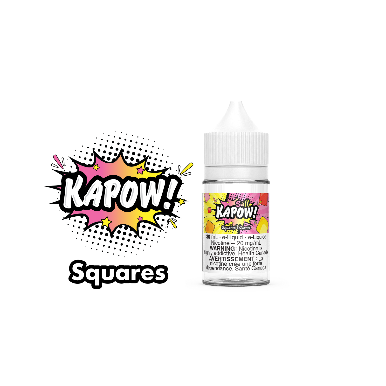 Kapow Salt Nic E-Liquid 30ml bottle in the flavour Squares. Kapow vape juice, e-juice Canada