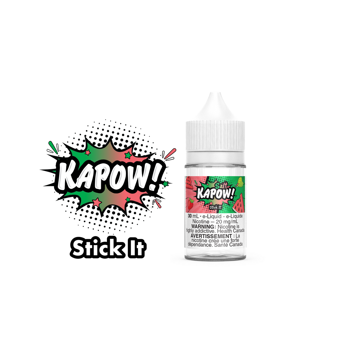 Kapow Salt Nic E-Liquid 30ml bottle in the flavour Stick It. Kapow vape juice, e-juice Canada