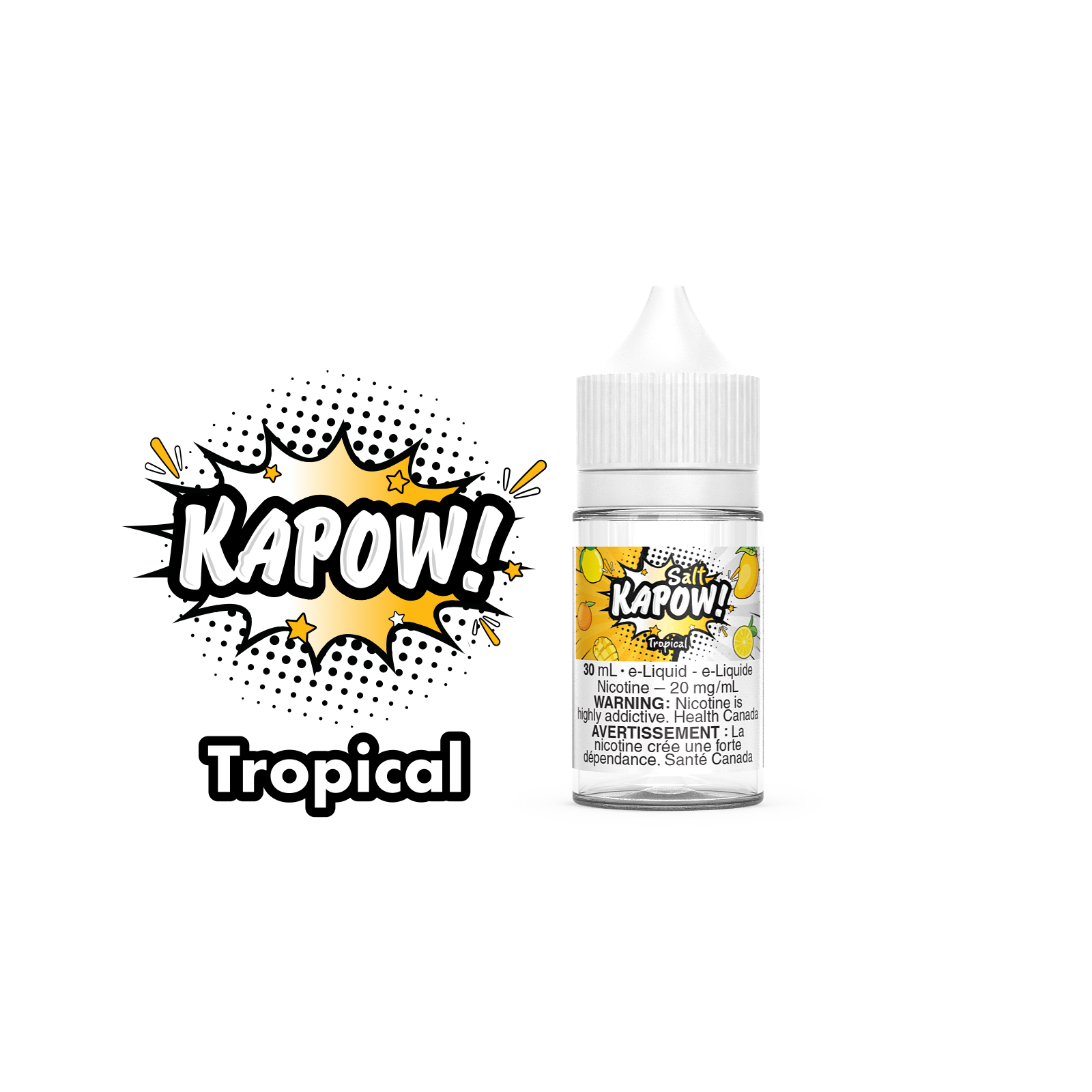 Kapow Salt Nic E-Liquid 30ml bottle in the flavour Tropical. Kapow vape juice, e-juice Canada