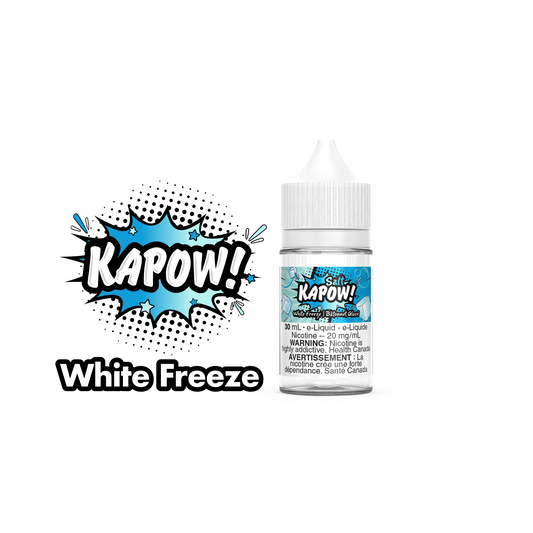 Kapow Salt Nic E-Liquid 30ml bottle in the flavour White Freeze. Kapow vape juice, e-juice Canada