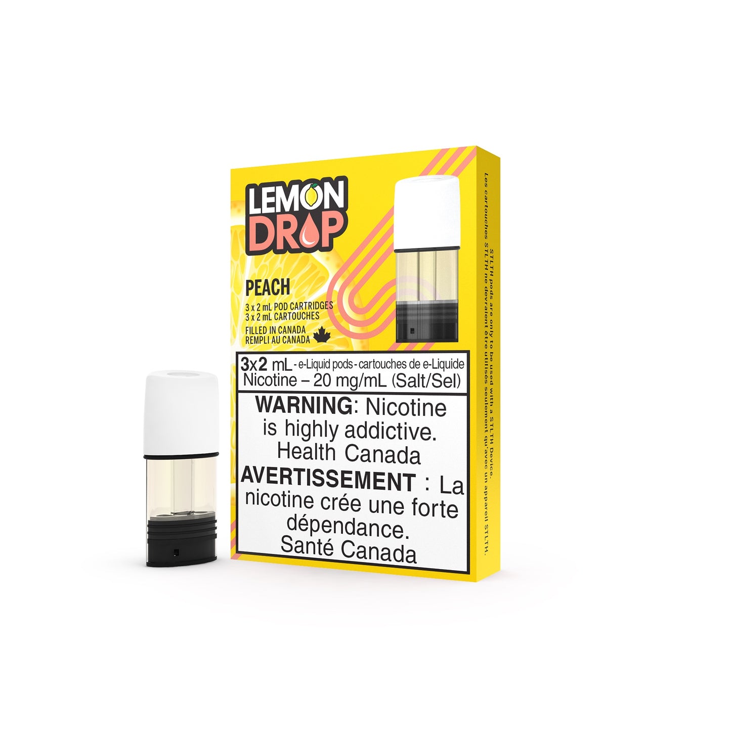 Lemon Drop prefilled ejuice Pods package 20mg nicotine flavour Peach