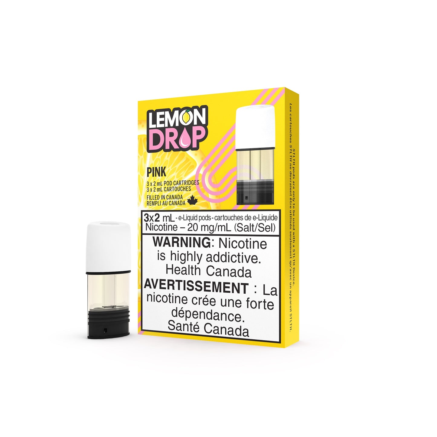 Lemon Drop prefilled ejuice Pods package 20mg nicotine flavour PINK, Pink Lemonade