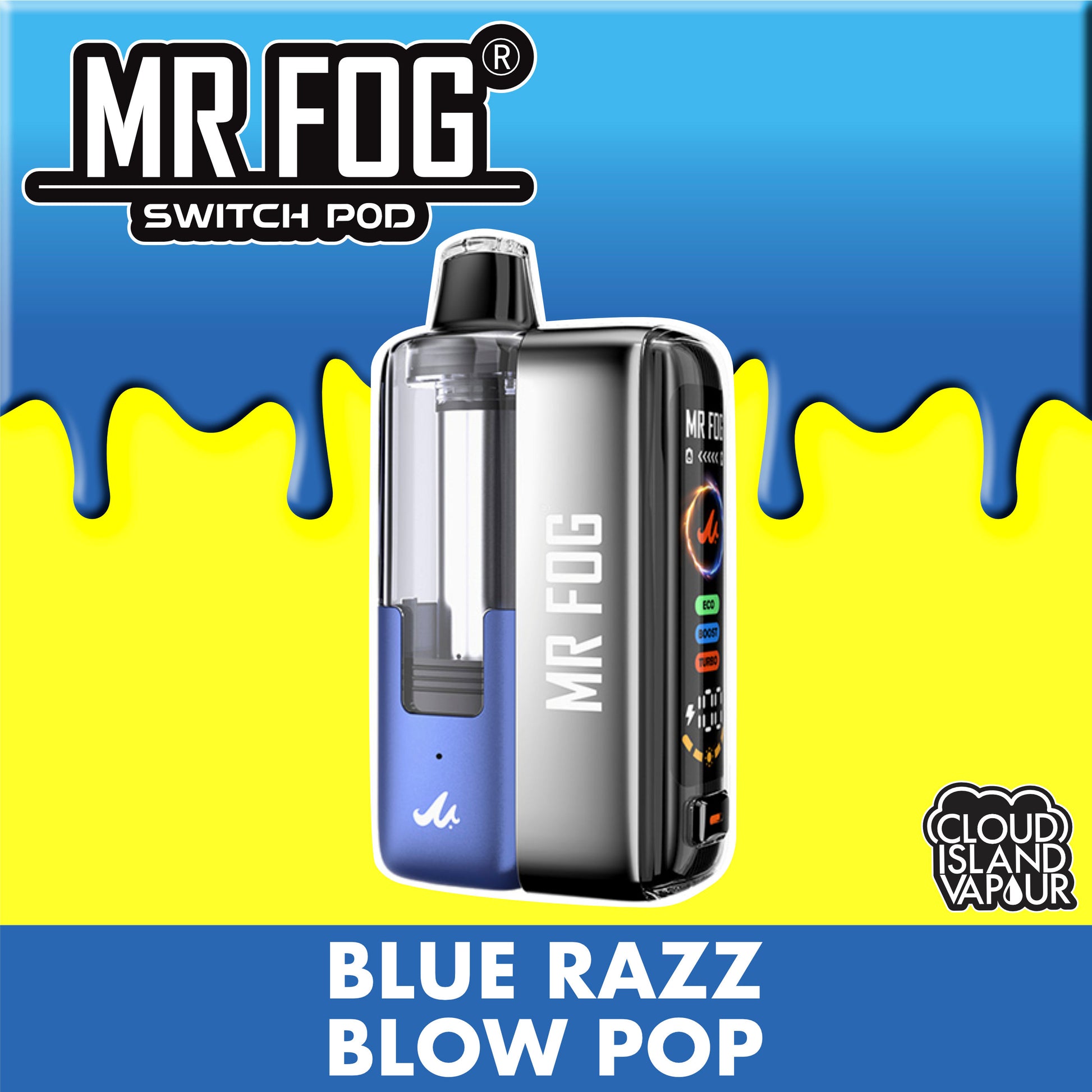 MR FOG SWITCH POD Starter Kit - Blue Razz Blow Pop Cloud Island Vapour MR FOG SWITCH POD Starter Kit - Blue Razz Blow Pop Cloud Island Vapour