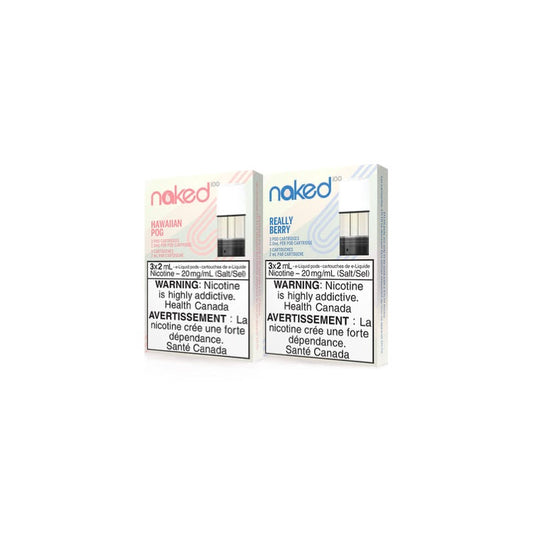 Naked 100 Prefilled e-juice pods in two flavours Hawaiian POG, Really Berry