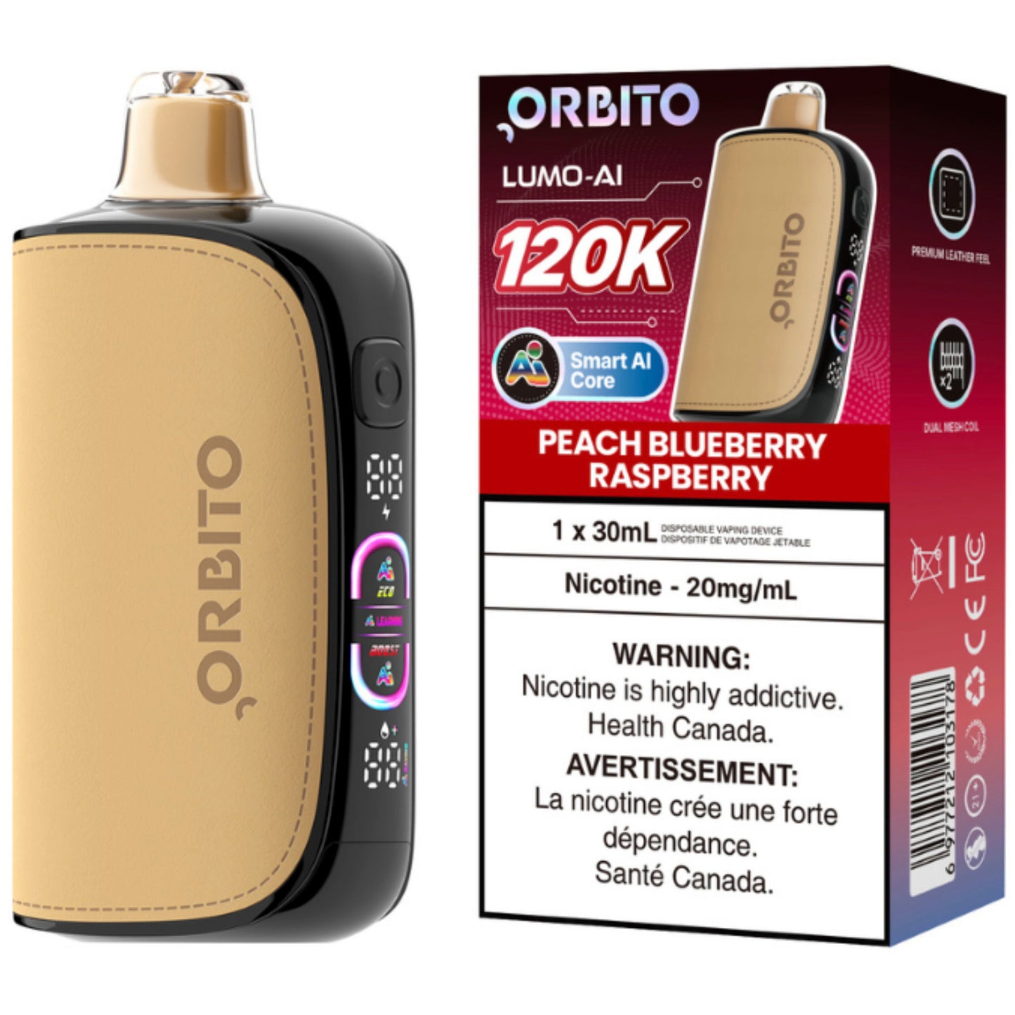 Orbito Lumo AI 120K Disposable Vape Peach Blueberry Raspberry
