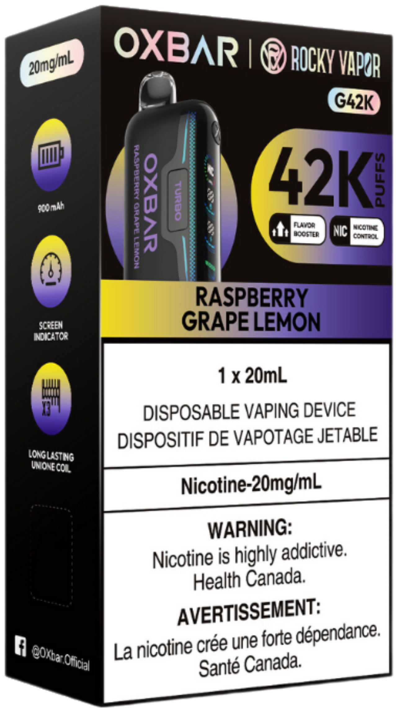 ROCKY VAPOR OXBAR G42K Disposable Raspberry Grape Lemon