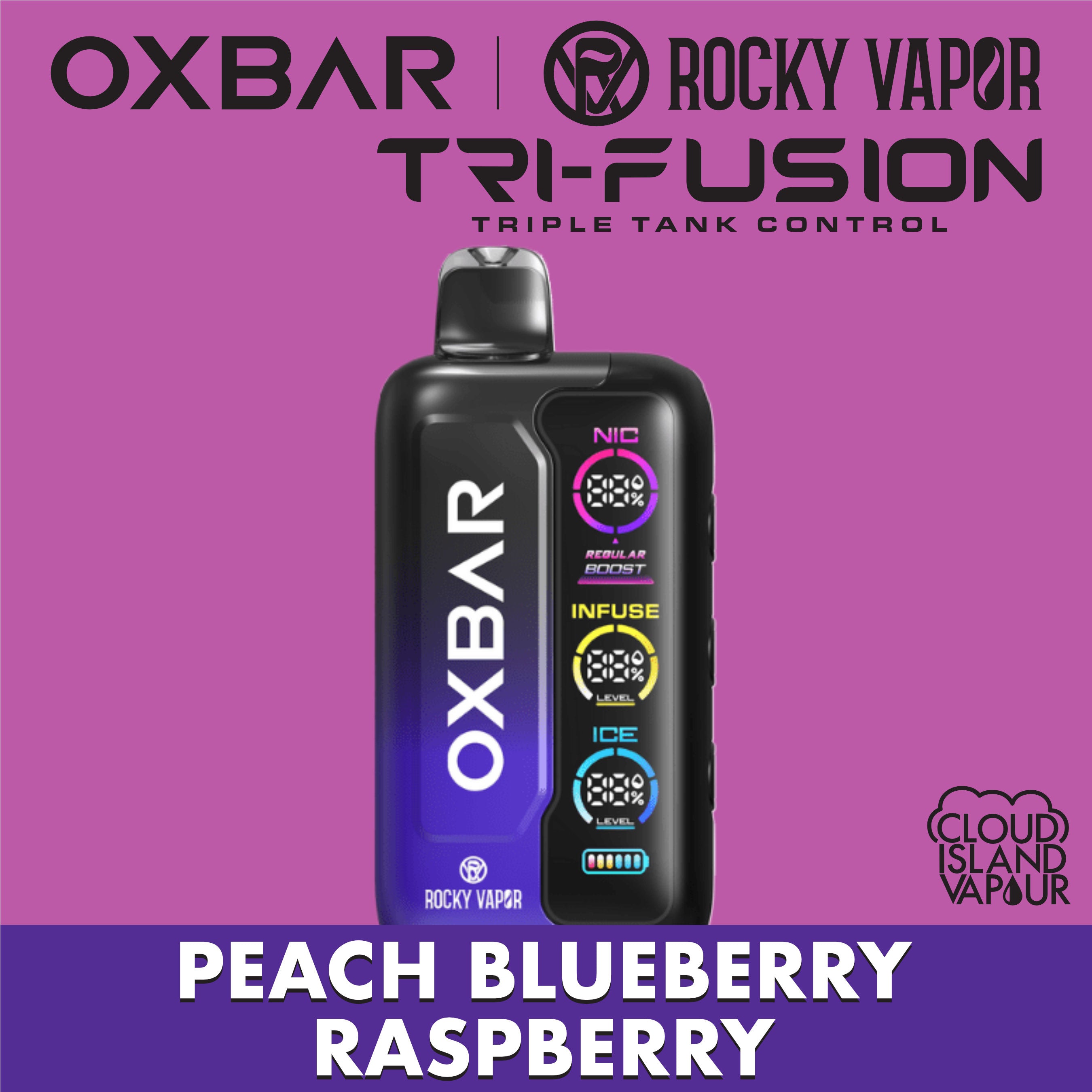 Rocky Raspberry Rocky Vapor Oxbar Tri Fusion Disposable Vape - Peach Blueberry Raspber ...