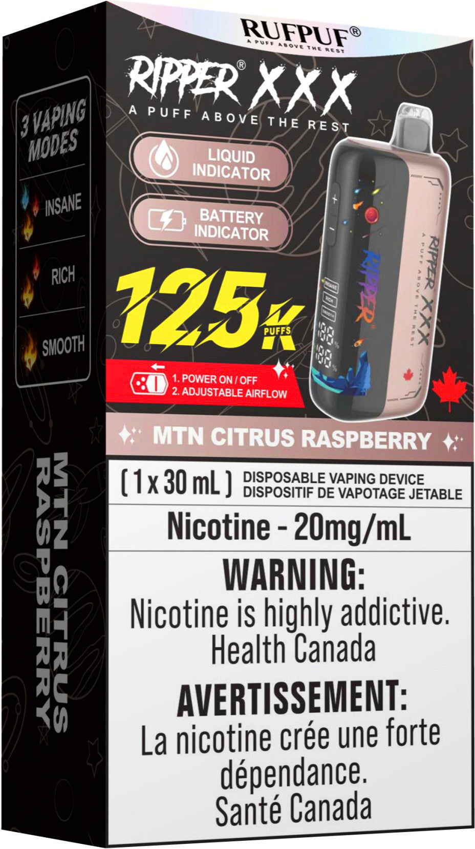 RUFPUF RIPPER XXX 125K Disposable Vape MTN Citrus Raspberry