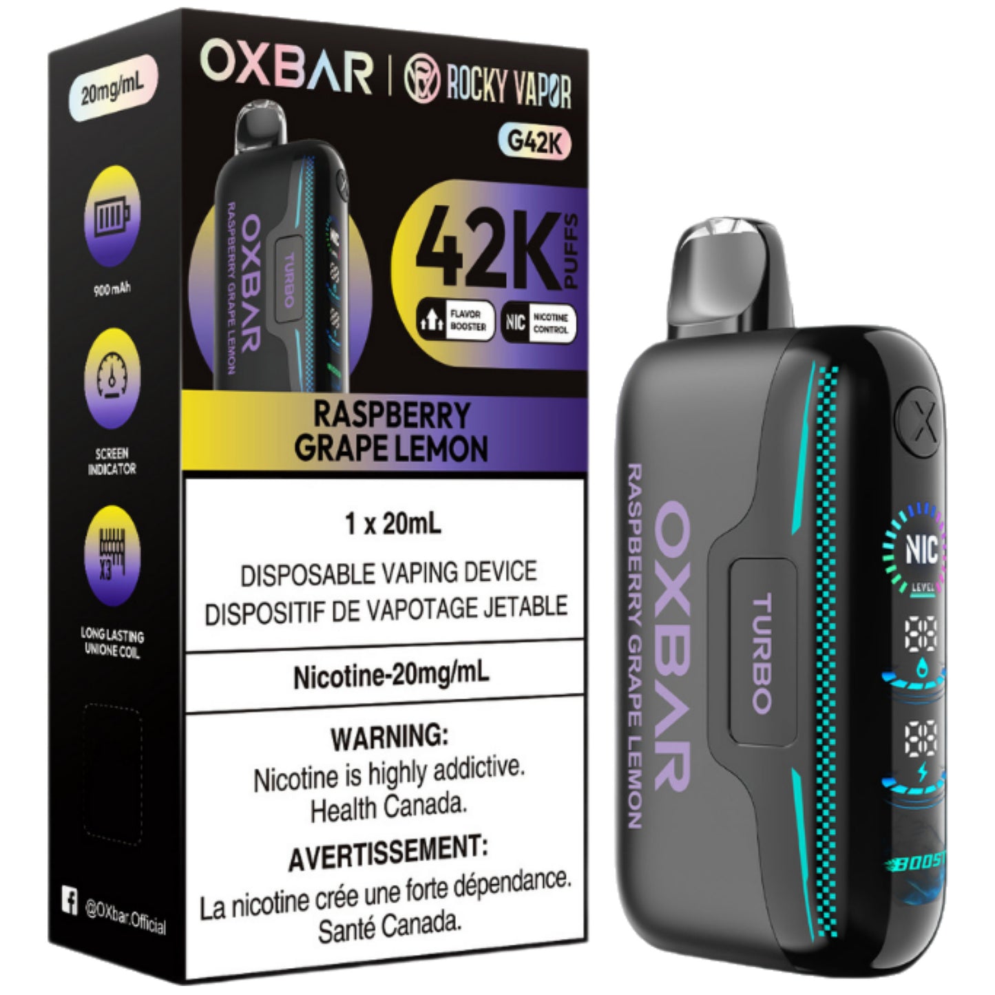 Rocky Vapor Oxbar G42K Disposable Vape - Raspberry Grape Lemon