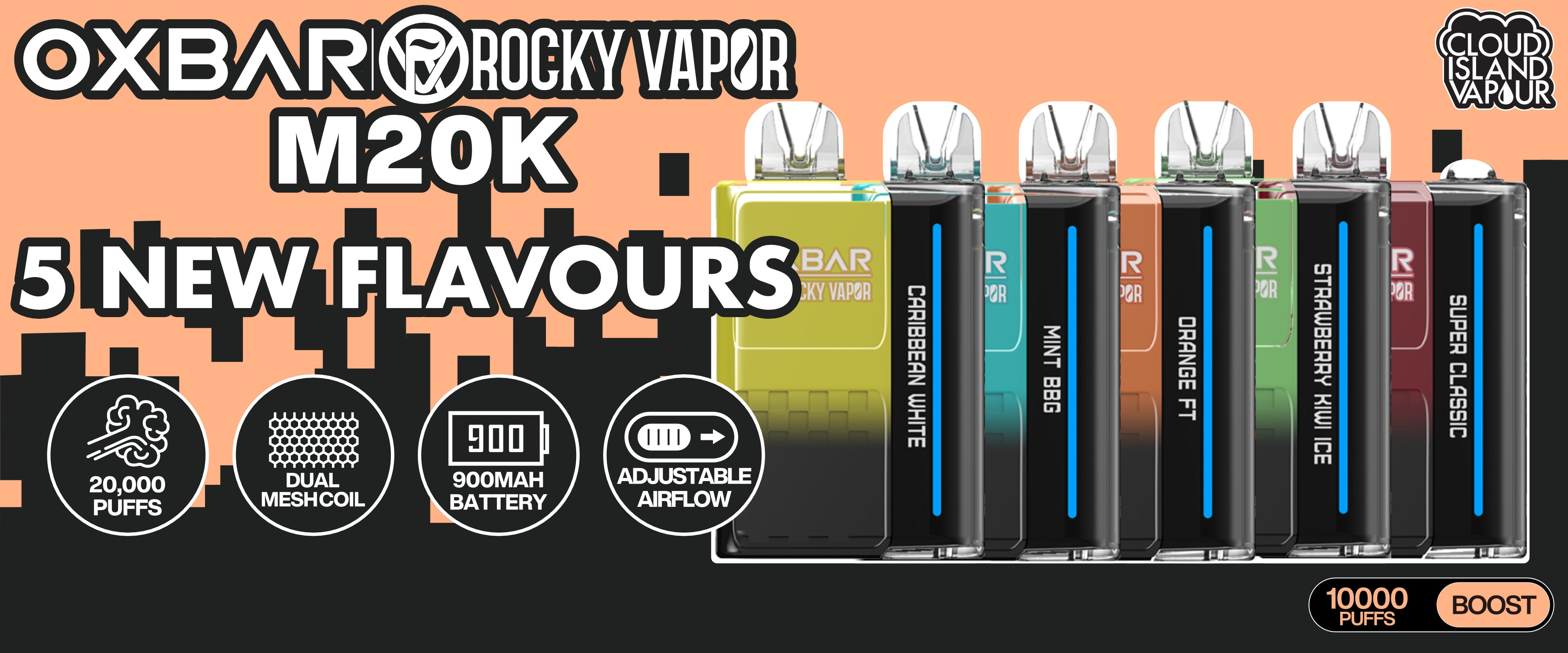 ROCKY VAPOR OXBAR M20K 5 NEW FLAVOURS BANNER