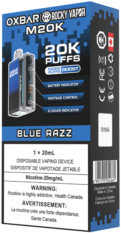 Rocky Vapor Oxbar M20K Disposable Vape Packaging Blue Razz