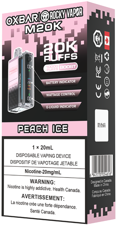 Rocky Vapor Oxbar M20K Disposable Vape Packaging Peach Ice