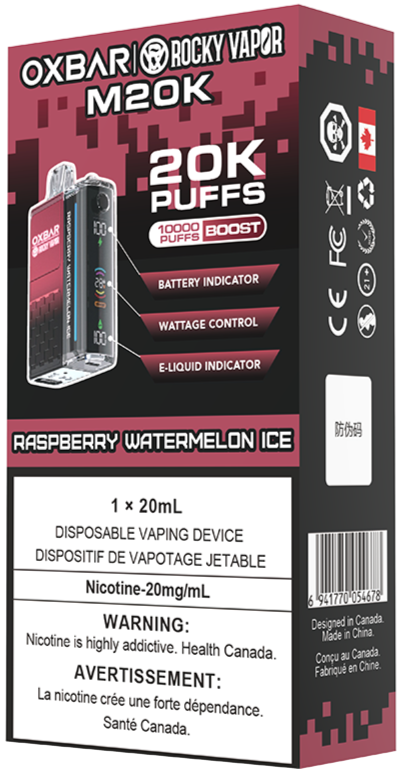 Rocky Vapor Oxbar M20K Disposable Vape Packaging Raspberry Watermelon Ice