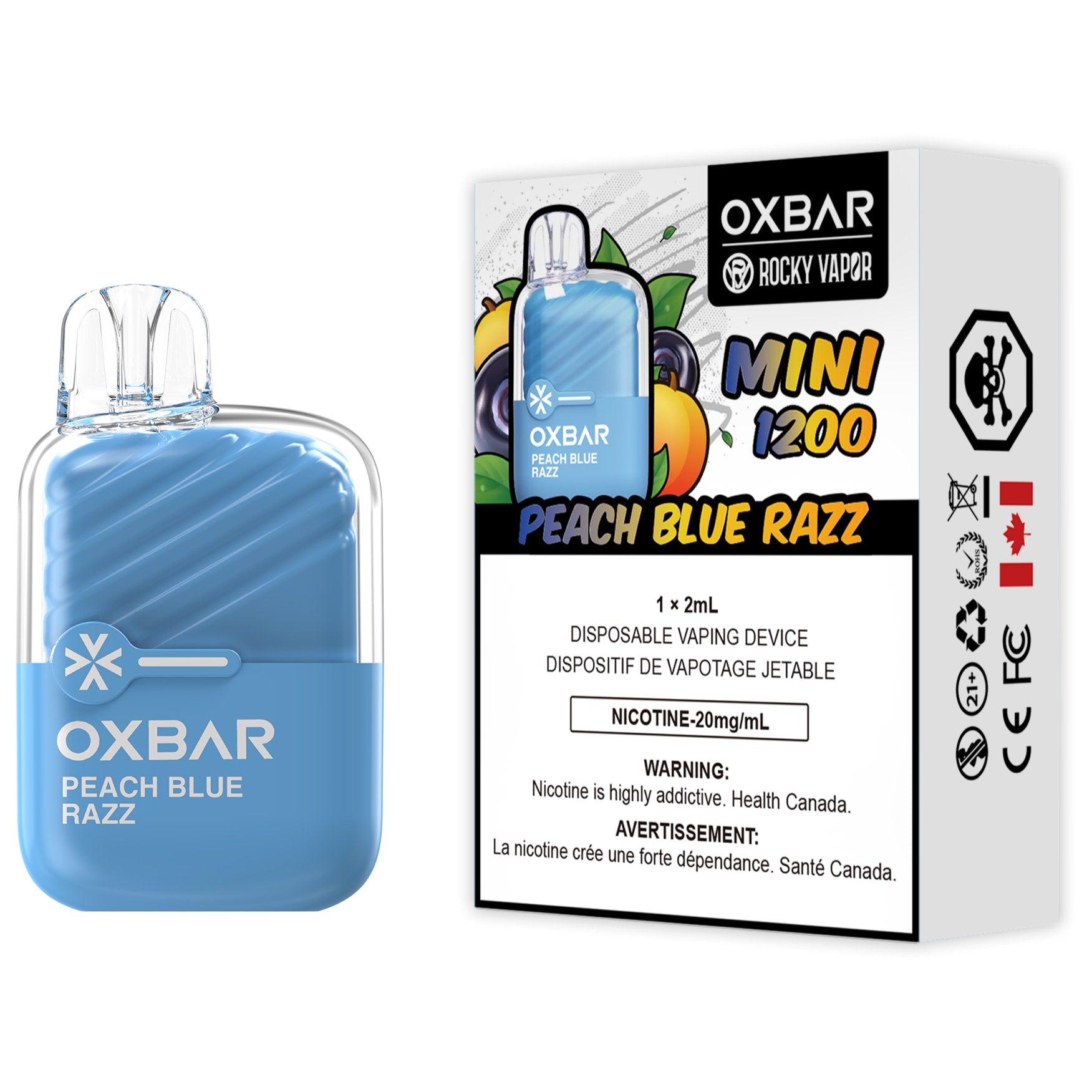 Rocky Vapor Oxbar Mini 1200 Disposable Vape Peach Blue Razz