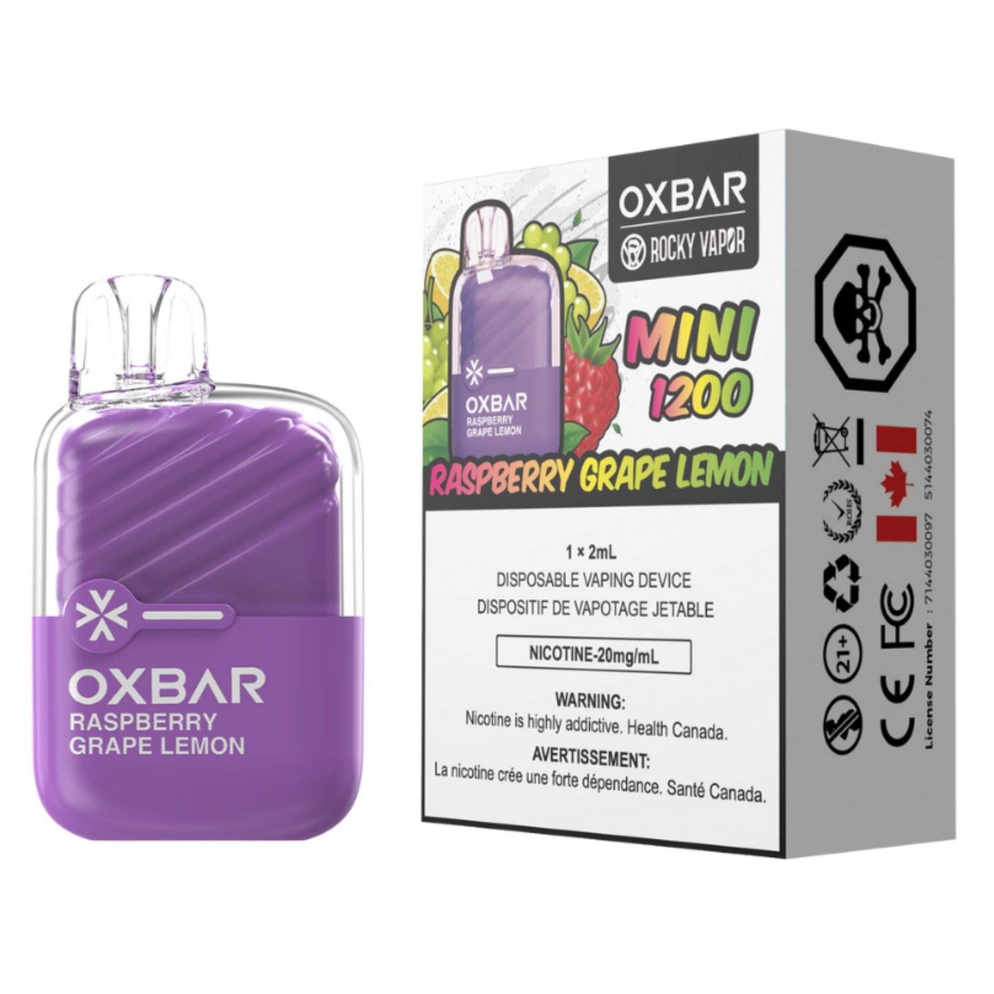 Rocky Vapor Oxbar Mini 1200 Disposable Vape Raspberry Grape Lemon