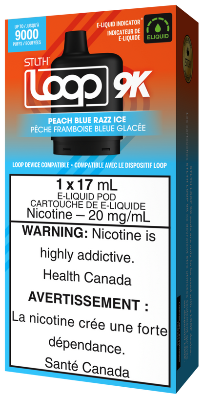 STLTH LOOP 9K Pod Pack Box Packaging Peach Blue Razz Ice