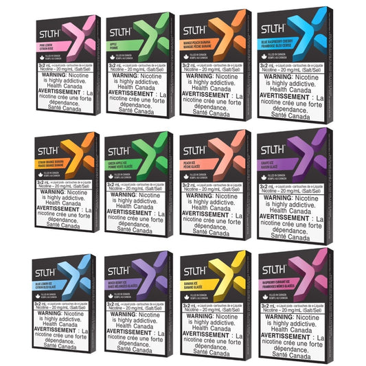 STLTH X Prefilled vape ejuice Pods packages in various flavours