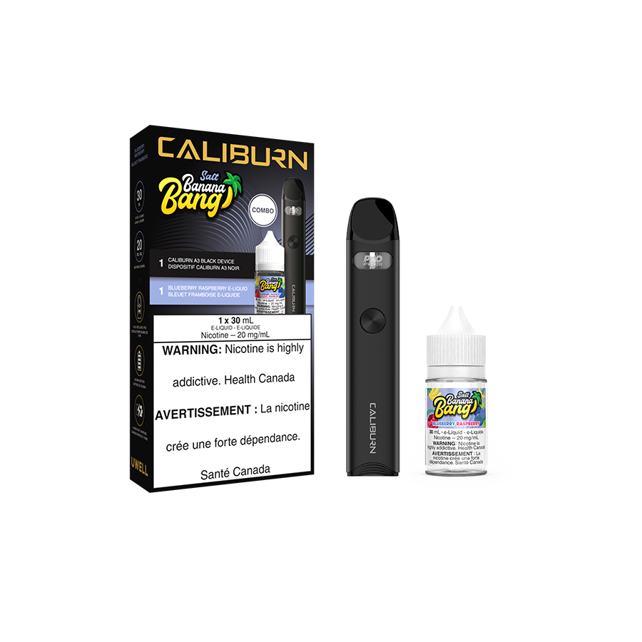 UWELL CALIBURN A3 Pod Kit and Salt E-Liquid Bundle Black and Blueberry Raspberry by Banana Bang Salt Nic Vape Juice