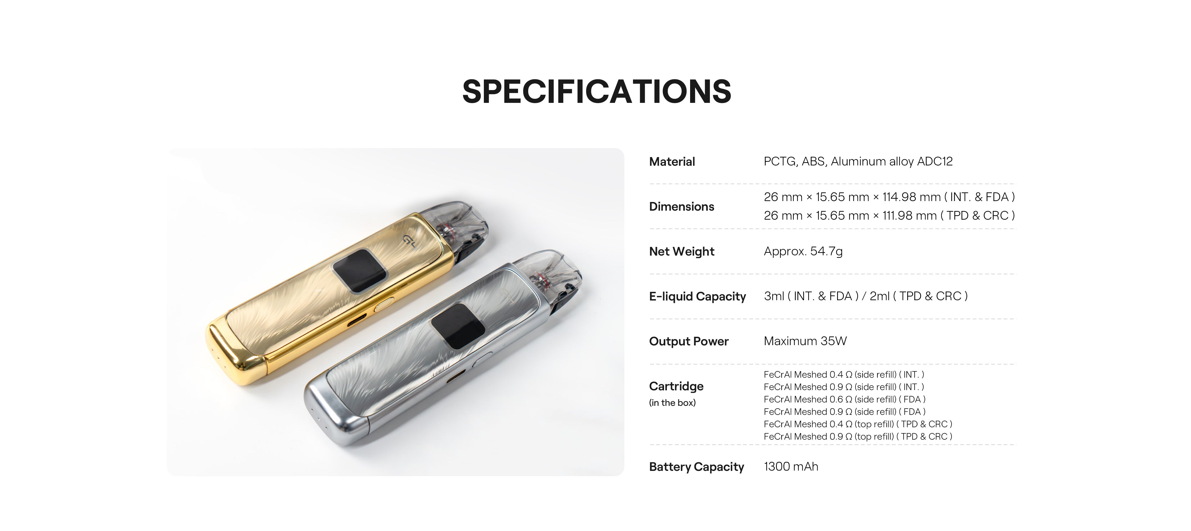 UWELL CALIBURN G4 Specifications